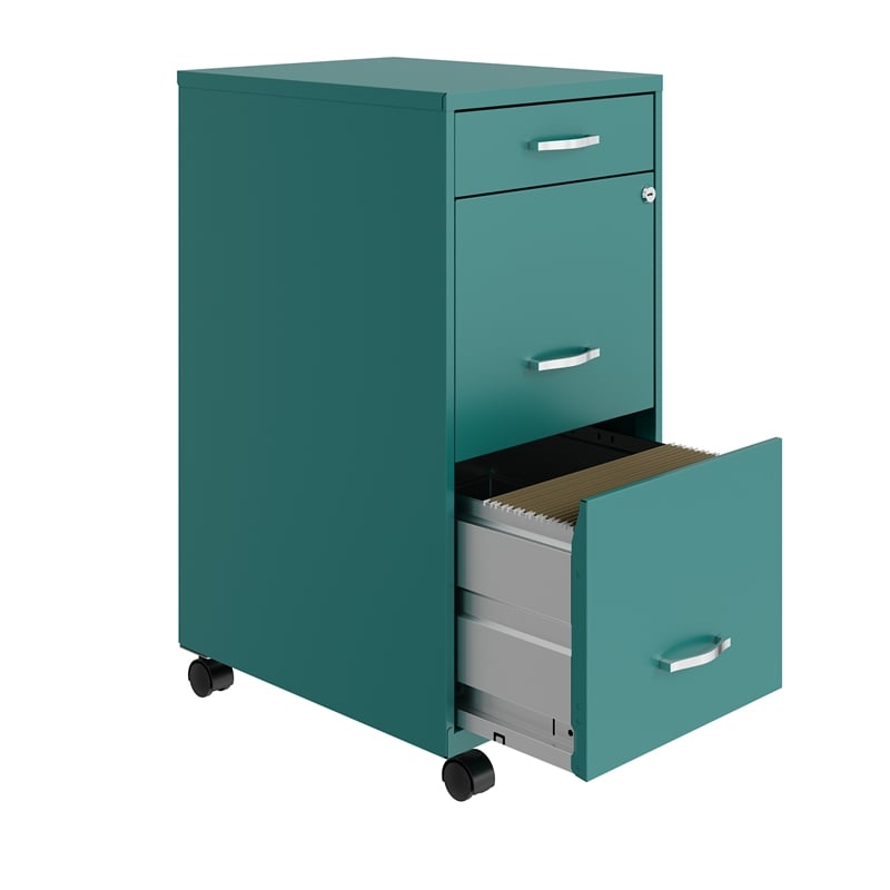 Space Solutions 18in Deep 3 Drawer Mobile Metal File Cabinet Teal