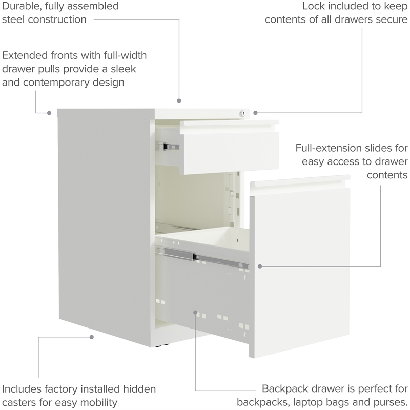 Hirsh 20-inch Deep Mobile Pedestal File 2 Drawer Metal Box Backpack White