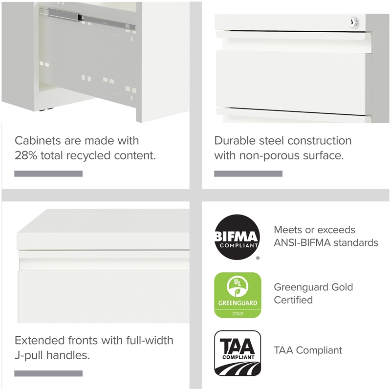 Hirsh 20-inch Deep Mobile Pedestal File 2 Drawer Metal Box Backpack White