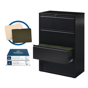 hirsh 36 inch w metal 4 drawer lateral file cabinet with file folders in black