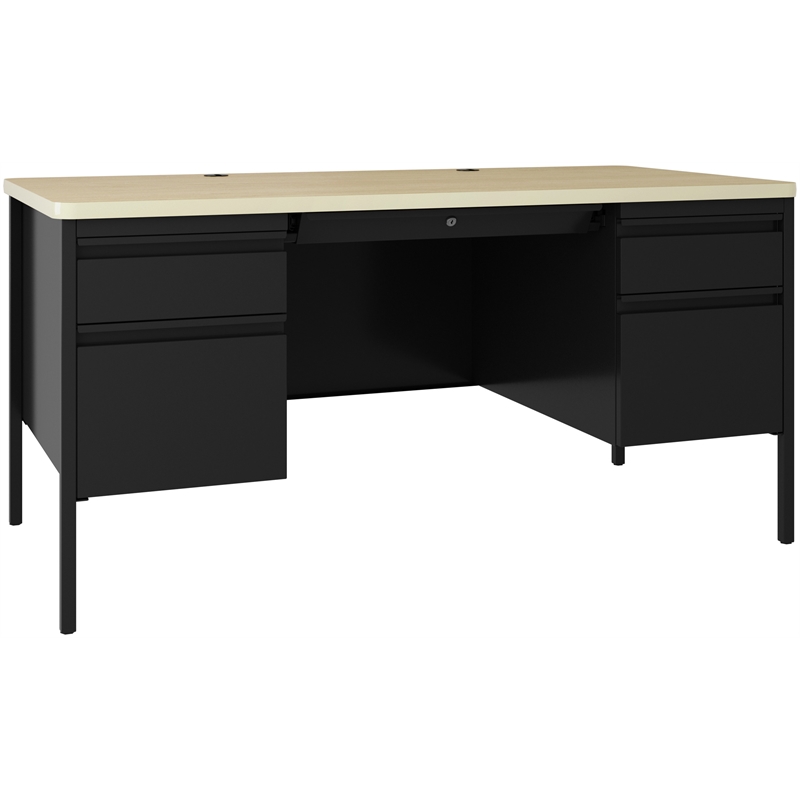 Hirsh 30x60 Double Pedestal Metal File Desk with Soft Corner - Black/Maple