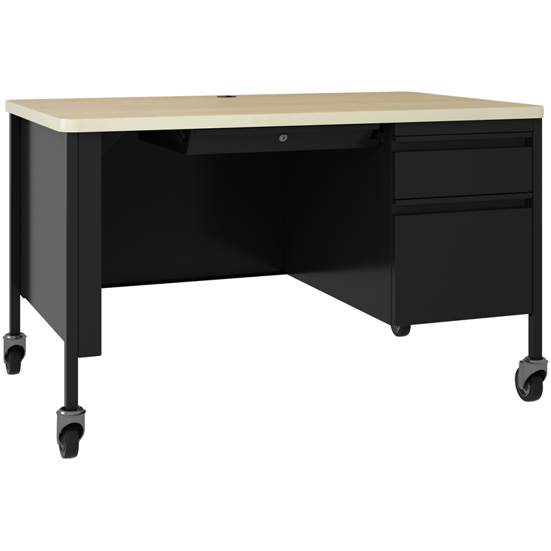 Hirsh 30Dx48W Mobile Right Hand Single Pedestal Desk Soft Corners Black/Maple