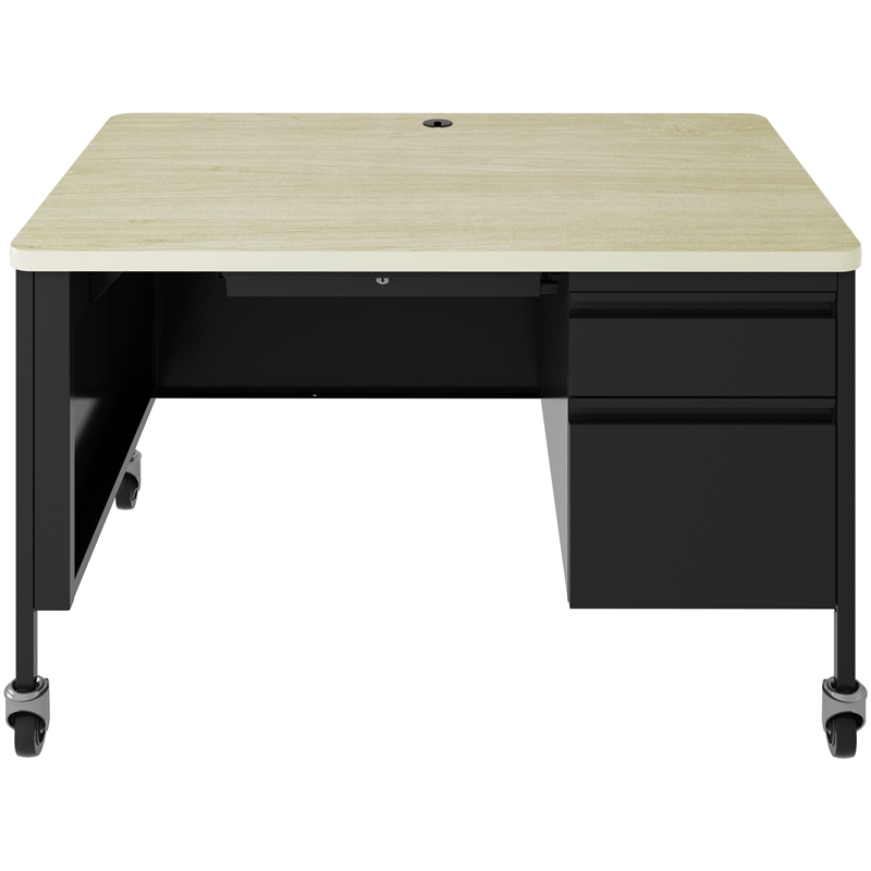 Hirsh 30Dx48W Mobile Right Hand Single Pedestal Desk Soft Corners Black/Maple