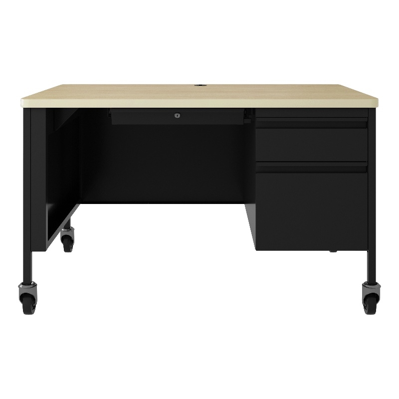 Hirsh 30Dx48W Mobile Right Hand Single Pedestal Desk Soft Corners Black/Maple