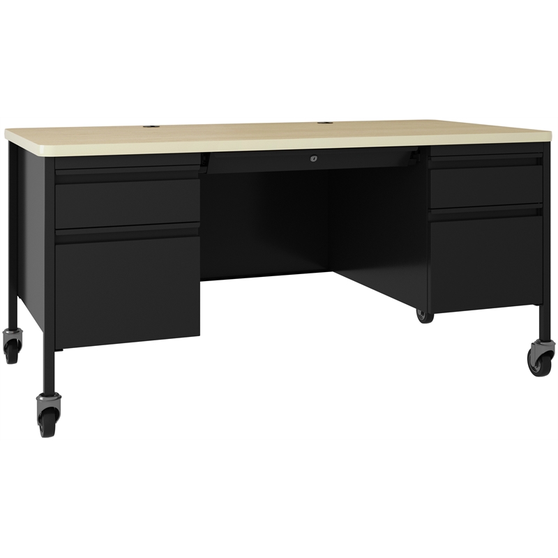 Hirsh 30x60 Mobile Double Pedestal File Desk with Soft Corner - Black/Maple