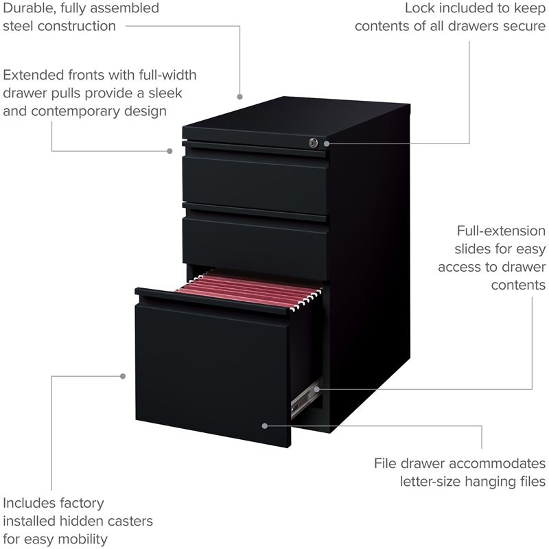 Hirsh 20-inch Deep Modern Metal Mobile Pedestal File 3-Drawer Box/File in  Black