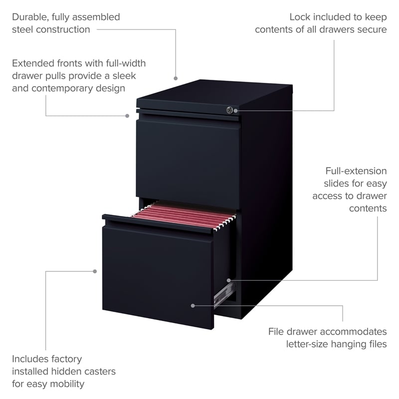 Hirsh 20-in Deep Metal Mobile Pedestal 2-Drawer File/File. Full Width Pull Black