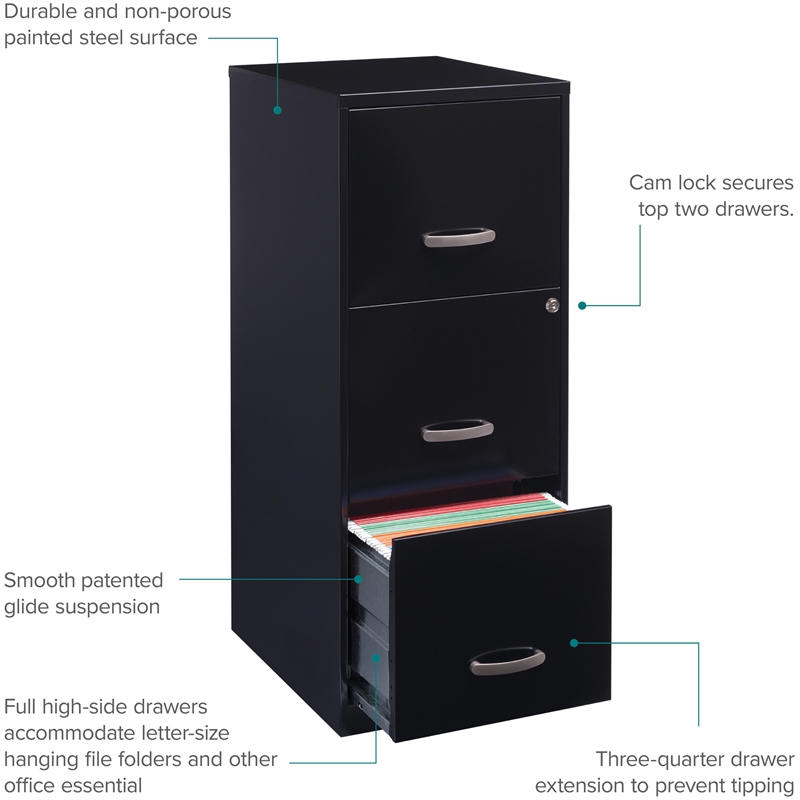 Space Solutions Metal 3 Drawer Vertical File Cabinet with Lock Black