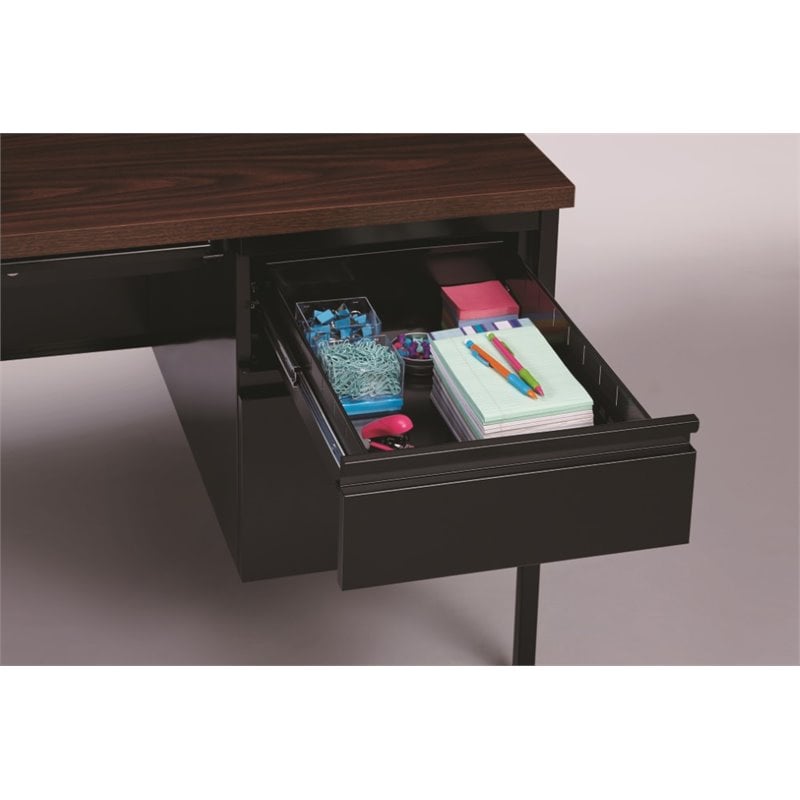Hirsh Double Pedestal Metal Office Desk with Center Drawer Black/Walnut