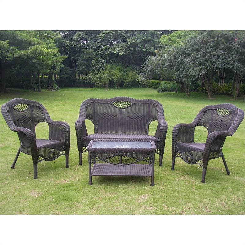 International Caravan Maui 4 Piece Wicker Patio Sofa Set in Pecan