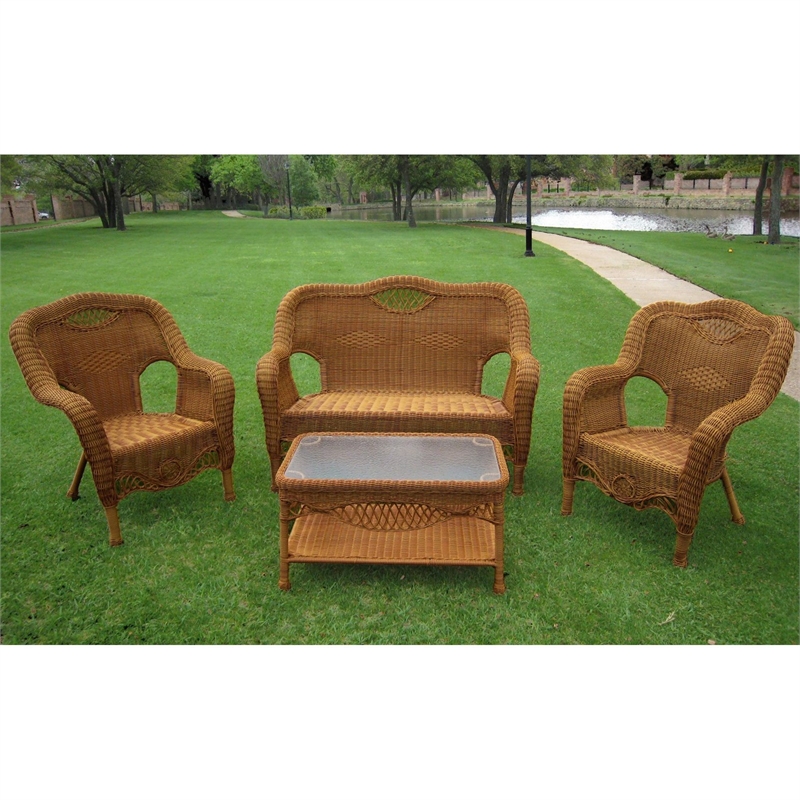 International Caravan Maui 4 Piece Wicker Patio Sofa Set in Pecan