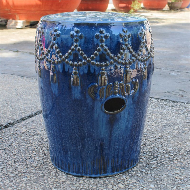 Catalina Tasseled Drum Ceramic Garden Stool In Navy Blue Opg 068 Nv
