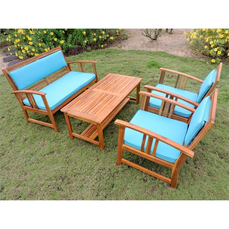 International Caravan Brisbane 4-Piece Wood Patio Conversation Set in Brown/Blue