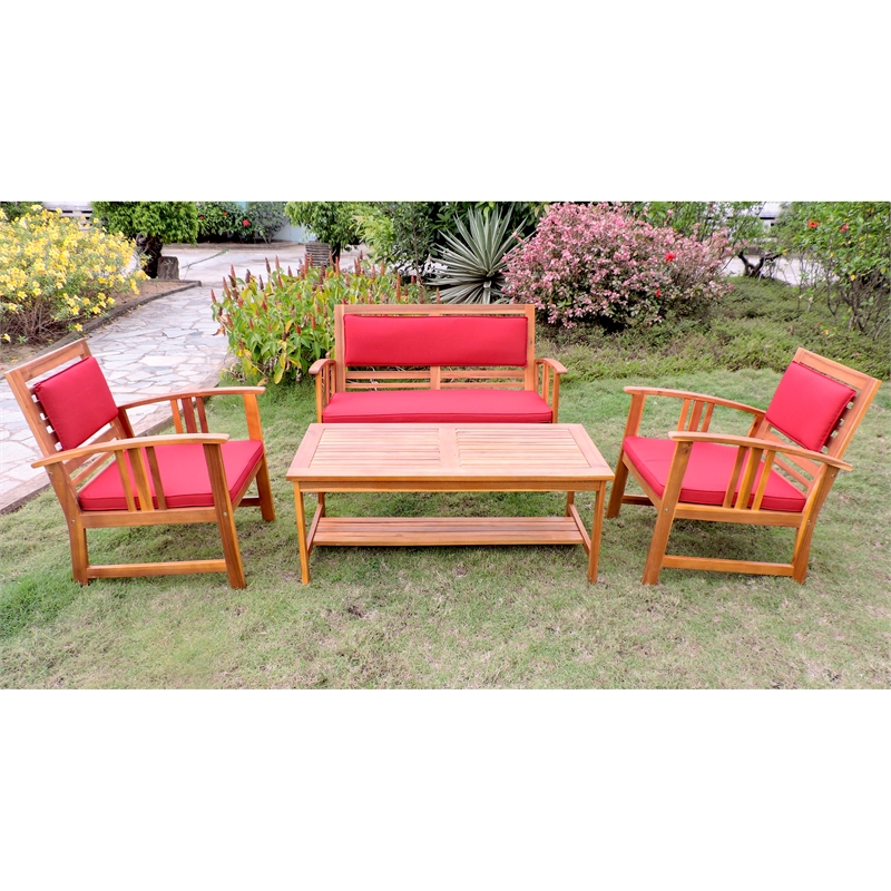 International Caravan Brisbane 4-Piece Wood Patio Conversation Set in Brown/Red
