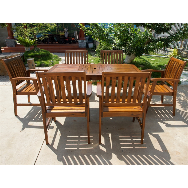 7 Piece Patio Dining Set, Outdoor Acacia Wood Furniture Set, Extendable Rectangular Table And 6 Foldable Reclining Chairs W/Removeable Cushion, FSC