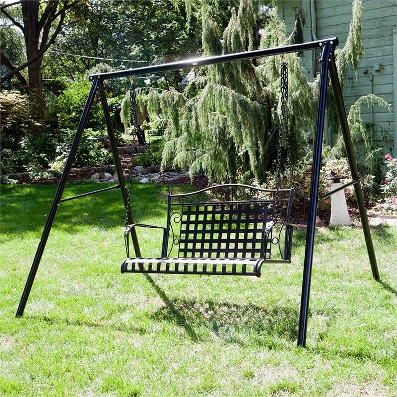 International Caravan Mandalay Iron Patio Porch Swing in Antique Black