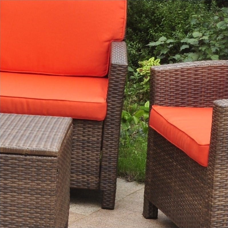 4 Piece Outdoor Patio Settee Set in Antique Brown and Tangerine Dream