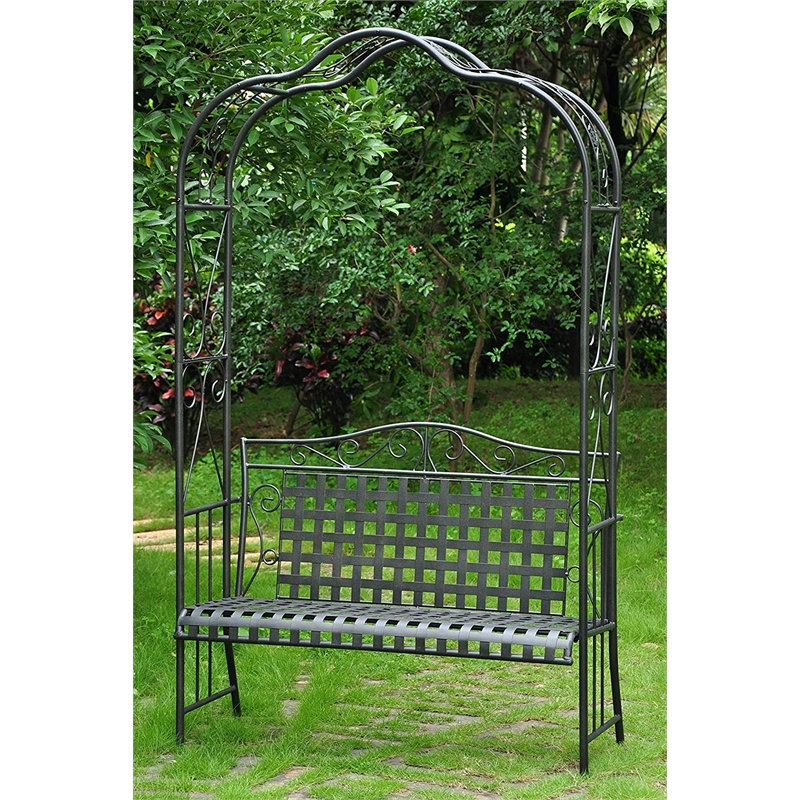 International Caravan Mandalay Iron Patio Arbor Bench in Antique Black