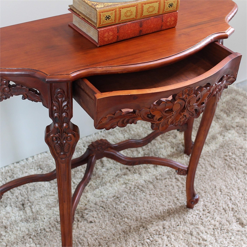 International Caravan Windsor Hand-Carved Half Moon Wood Console Table in Walnut