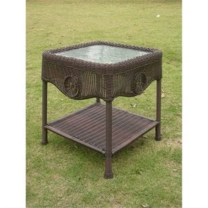International Caravan Chelsea Glass Top Patio End Table in Pecan