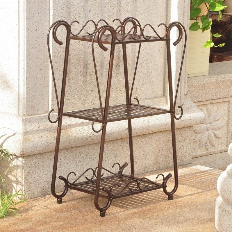 International Caravan Santa Fe 3 Tier Iron Plant Shelf in Bronze