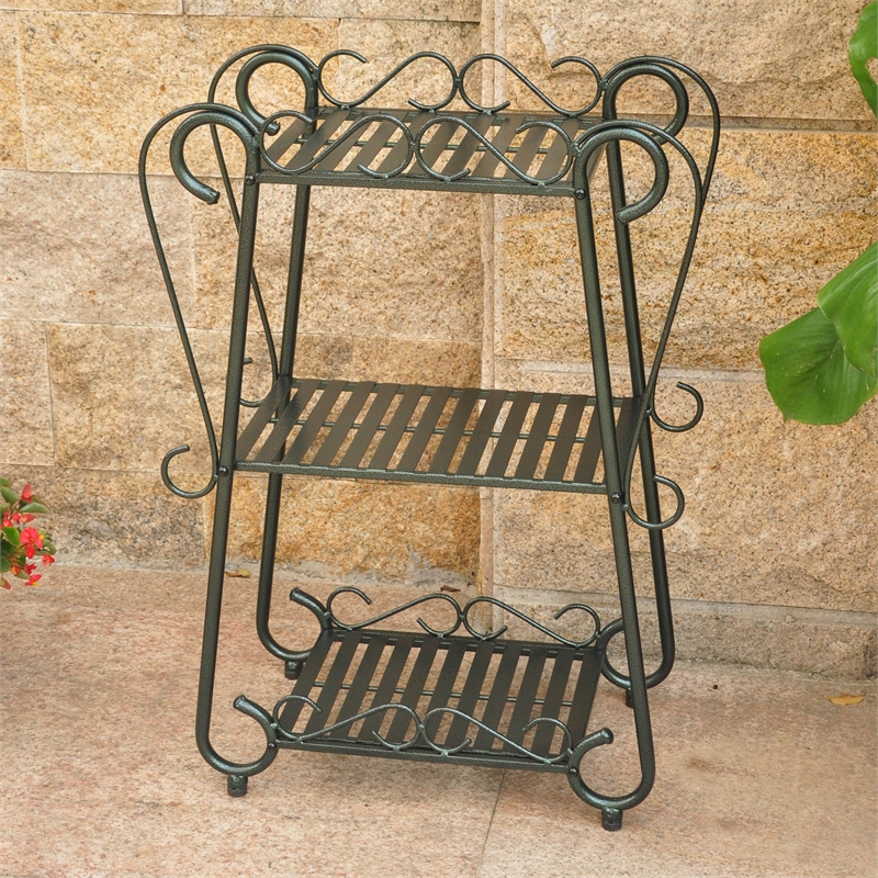International Caravan Santa Fe 3 Tier Iron Plant Shelf in Verdi Gris
