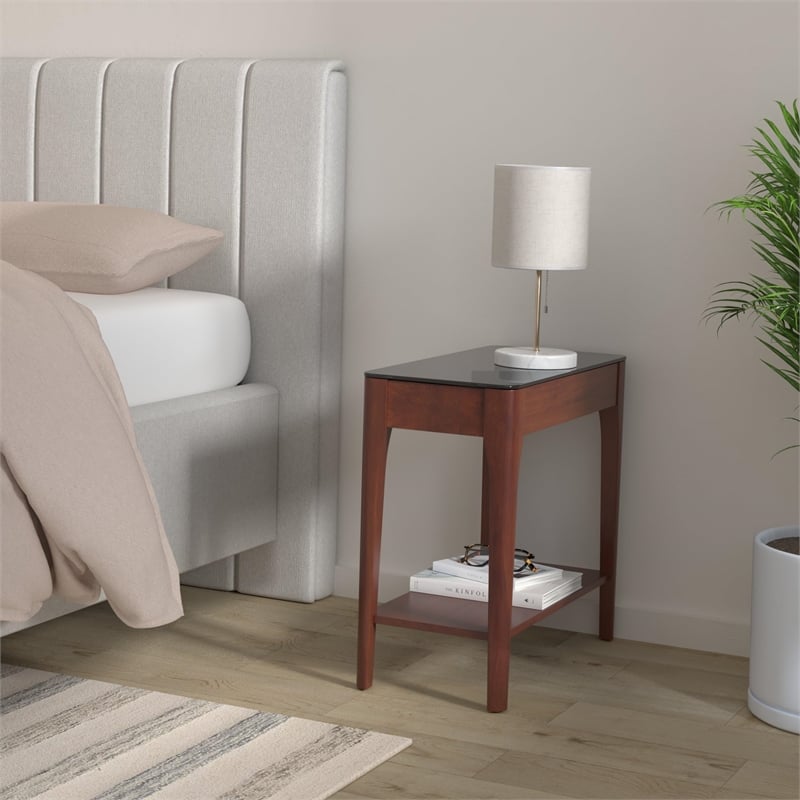 Leick Obsidian Glass Top Wood Narrow End Table in Chestnut Oak