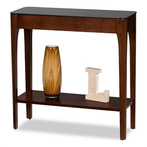leick obsidian glass top wood console table in chestnut