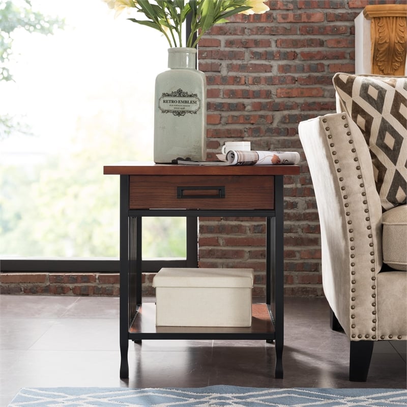 Leick Furniture Ironcraft Wood End Table in Burnished Oak Mahogany