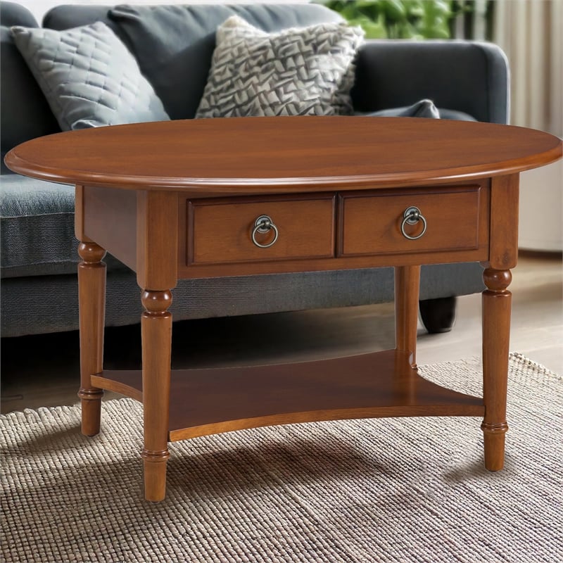 Leick Coastal Notions Oval 1 Drawer Wood Coffee Table in Pecan/Espresso