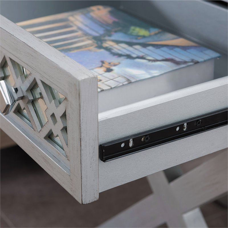 Leick Furniture Solid Wood 2 Drawer Diamond Mirrored Accent End Table in Silver