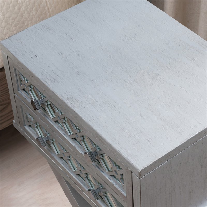 Leick Furniture Solid Wood 2 Drawer Diamond Mirrored Accent End Table in Silver