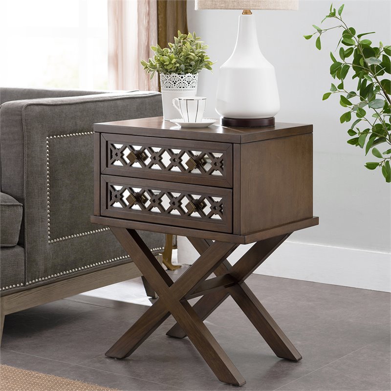 Leick 2 Drawer Diamond Mirrored Accent End Table in Walnut eBay