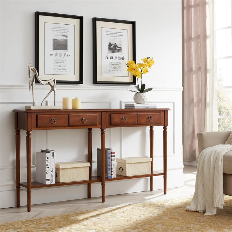 Leick Home Coastal Notions Wood Double Hall Console Table in Rich Pecan Brown