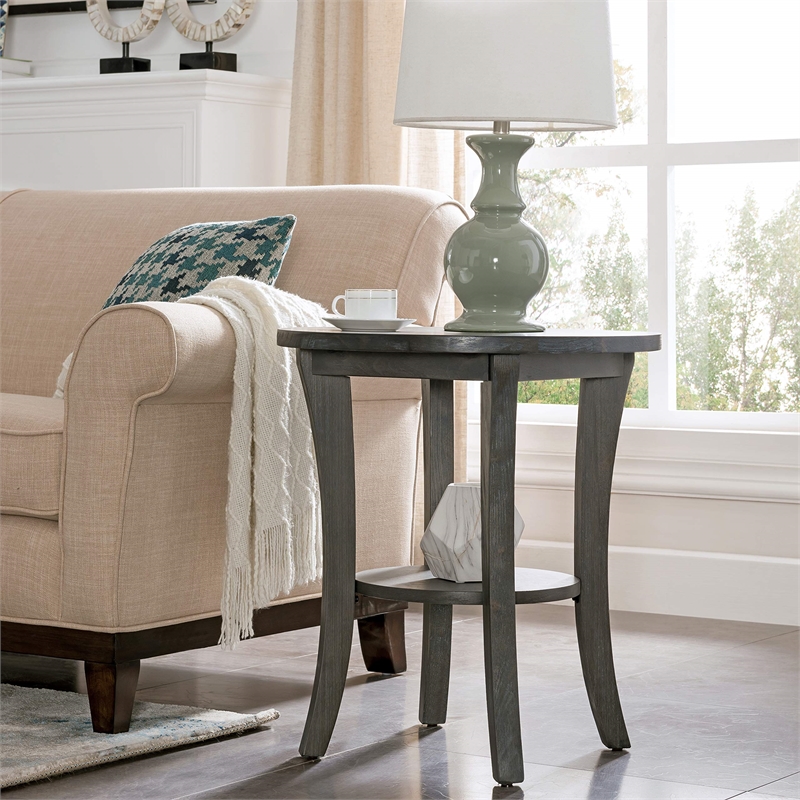 Leick Home Driftwood Solid Wood Round End Table in Rustic Gray Wire Brushed