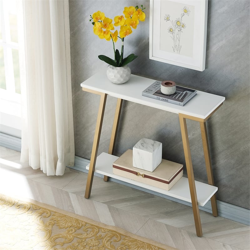 Leick Home Empiria Wood Hall Console in White with Gold Metal Base
