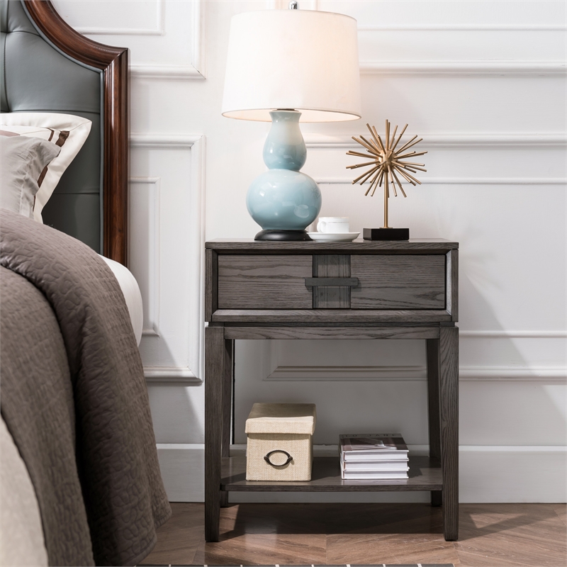 Leick Home Recessed Drawer Nightstand with Top AC/USB Charger in Oak