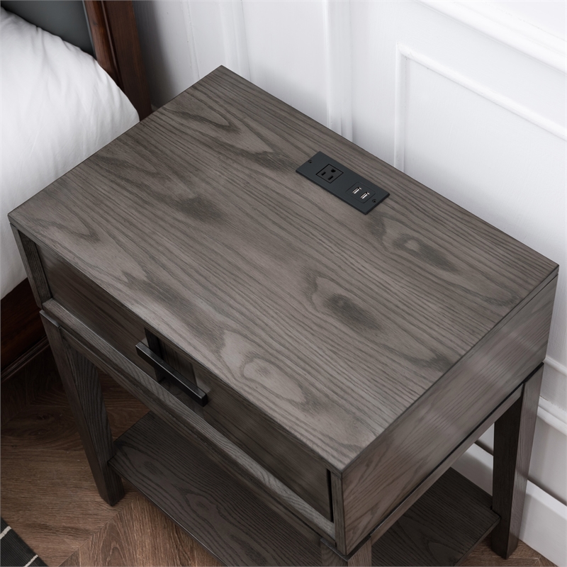 Leick Home Recessed Drawer Nightstand with Top AC/USB Charger in Oak
