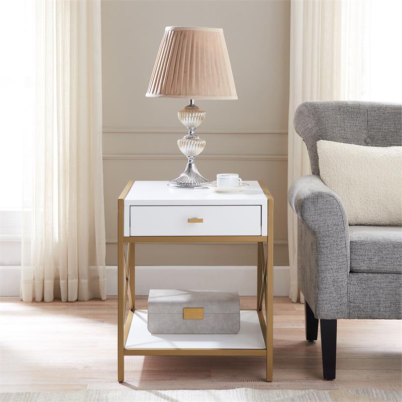 Leick Home 9206-WTGL Claudette Metal and Wood Drawer End Table in White/Gold