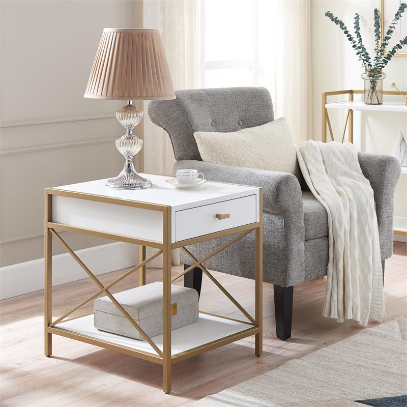 Leick Home 9206-WTGL Claudette Metal and Wood Drawer End Table in White/Gold