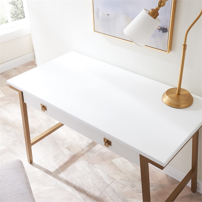 Leick Home 11400-WT Empiria Desk with Drop Front Keyboard Drawer in White/Gold