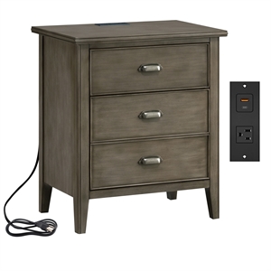 Laurent Wood Nightstand with Drawer Storage and AC/USB Outlet in Smoke Gray Wash