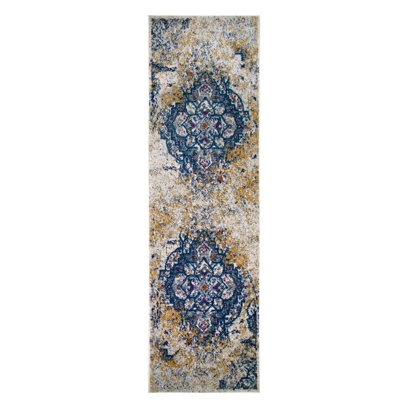 596411 Vienne Vintage Faded Medallion Ivory and Navy Area Rug Runner 1'9