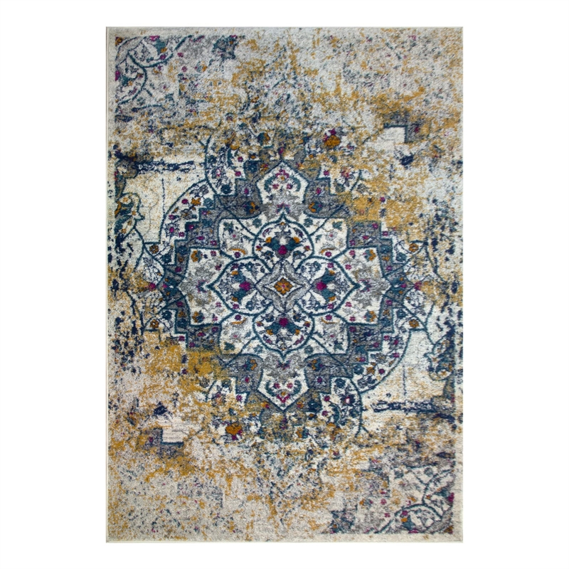 596460 Vienne Vintage Faded Medallion Ivory and Navy Area Rug 5'3