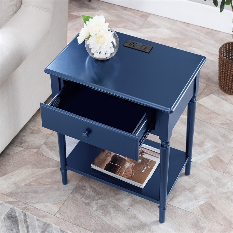 Leick Home Coastal Nightstand Side Table with AC/USB Charger-Navy Blue