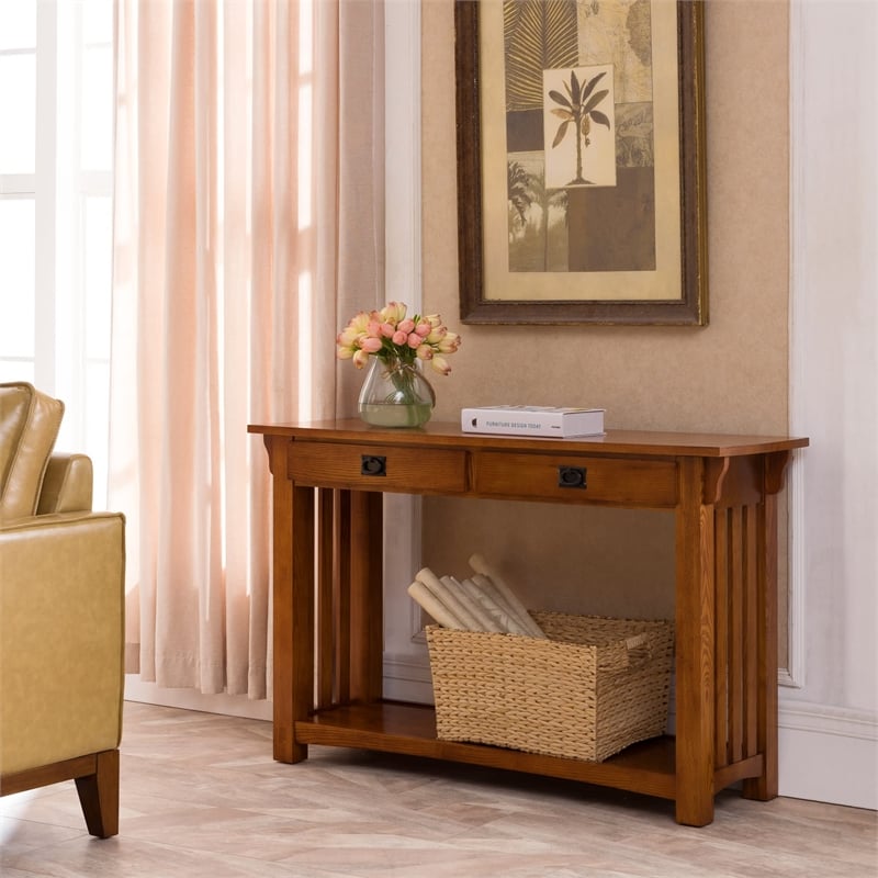 Leick Furniture Wood Mission Console Table with Drawers and Shelf in Oak