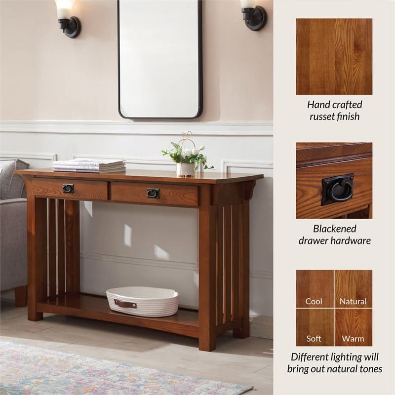 Leick Furniture Wood Mission Console Table with Drawers and Shelf in Oak