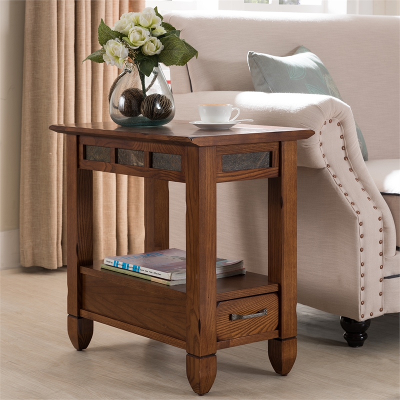 Leick Furniture Slatestone Chairside Wood End Table in a Rustic Oak Finish