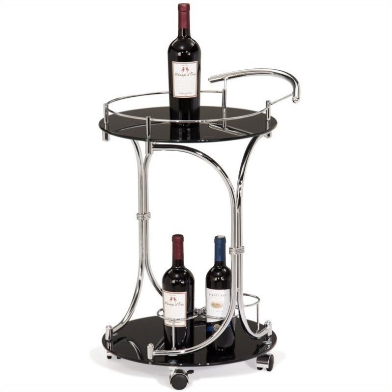 Favorite Finds Round Wine Serving Cart in Black Glass and Chrome 10006
