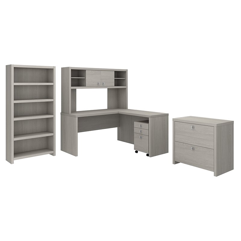 Office By Kathy Ireland Echo L Shaped Desk With Hutch And Storage In Gray Sand Ech028gssu